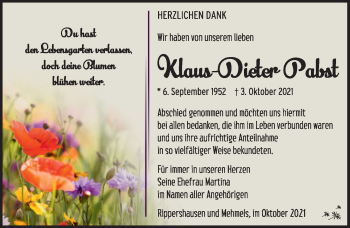 Traueranzeige von Klaus-Dieter Pabst von Südthüringer Presse