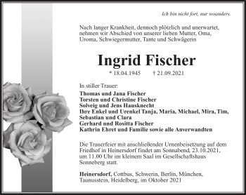 Traueranzeige von Ingrid Fischer von Südthüringer Presse