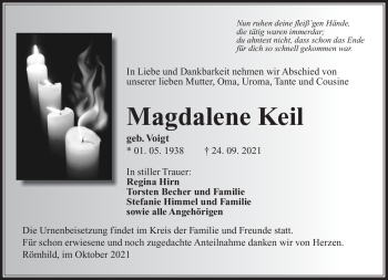 Traueranzeige von Magdalene Keil von Südthüringer Presse