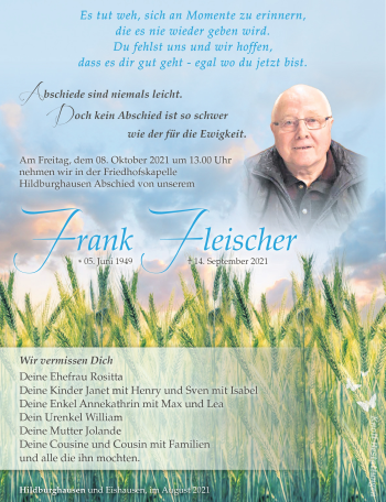 Traueranzeige von Frank Fleischer von Südthüringer Presse