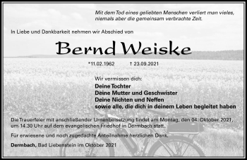 Traueranzeige von Bernd Weiske von Südthüringer Presse