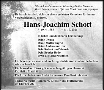 Traueranzeige von Hans-Joachim Schott von Südthüringer Presse