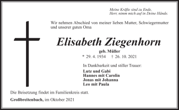 Traueranzeige von Elisabeth Ziegenhorn von Südthüringer Presse