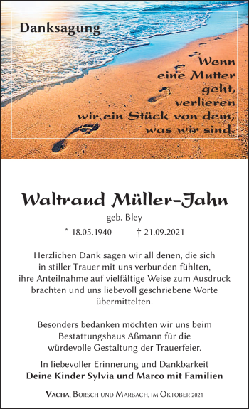 Traueranzeige von Waltraud Müller-Jahn von Südthüringer Presse