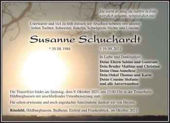 Traueranzeige von Susann Schuchardt von Südthüringer Presse
