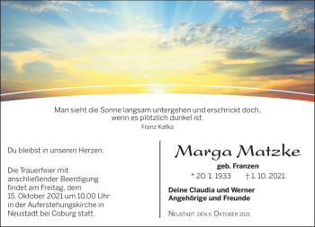 Traueranzeige von Marga Matzke von Neue Presse Coburg