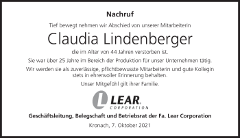 Traueranzeige von Claudia Lindenberger von Neue Presse Coburg