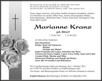 Traueranzeige von Marianne Kranz von Südthüringer Presse