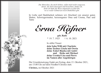 Traueranzeige von Erna Häfner von Südthüringer Presse