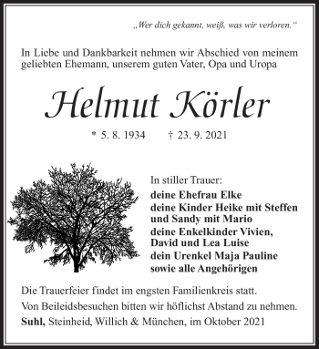 Traueranzeige von Helmut Körler von Südthüringer Presse