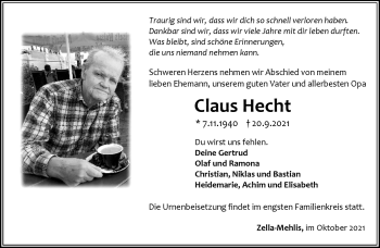 Traueranzeige von Claus Hecht von Südthüringer Presse
