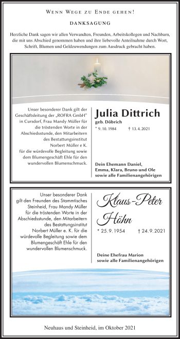 Traueranzeige von Klaus-PeterJulia DittrichHöhn von Südthüringer Presse