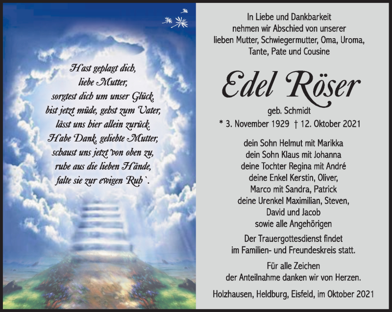  Traueranzeige für Edel Röser vom 16.10.2021 aus Südthüringer Presse