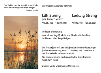 Traueranzeige von LilliLudwig StrengStreng von Südthüringer Presse