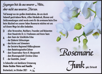 Traueranzeige von Rosemarie Funk von Südthüringer Presse