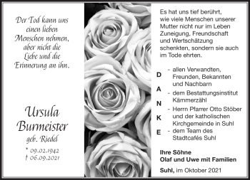Traueranzeige von Ursula Burmeister von Südthüringer Presse