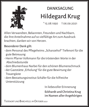 Traueranzeige von Hildegard Krug von Südthüringer Presse