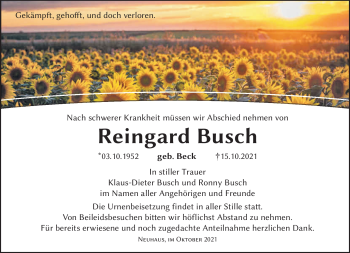 Traueranzeige von Reingard Busch von Südthüringer Presse