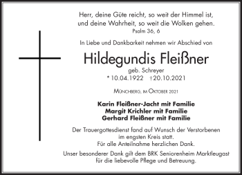 Traueranzeige von Hildegundis Fleißner von Frankenpost