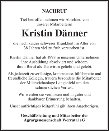 Traueranzeige von Kristin Dänner von Südthüringer Presse