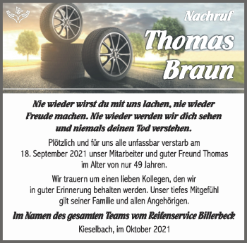 Traueranzeige von Thomas Braun von Südthüringer Presse
