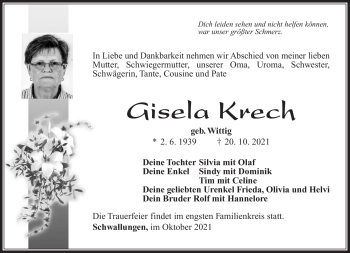 Traueranzeige von Gisela Krech von Südthüringer Presse