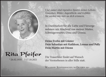 Traueranzeige von Rita Pfeifer von Südthüringer Presse