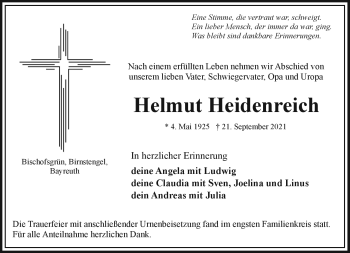 Traueranzeige von Helmut Heidenreich von Frankenpost