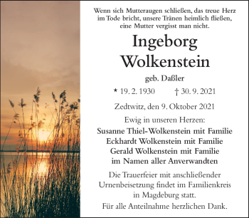 Traueranzeige von Ingeborg Wolkenstein von Frankenpost