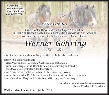 Traueranzeige von Werner Göhring von Südthüringer Presse