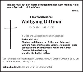 Traueranzeige von Wolfgang Dittmar von Südthüringer Presse