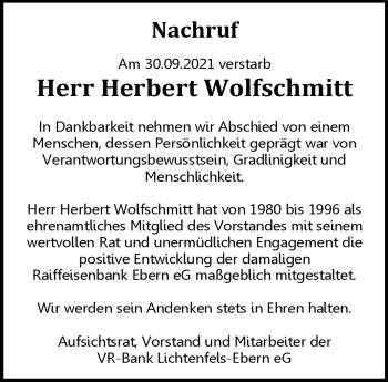 Traueranzeige von Herbert Wolfschmitt von Neue Presse Coburg