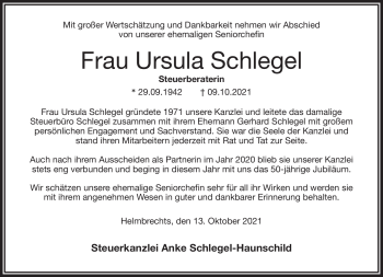 Traueranzeige von Ursula Schlegel von Frankenpost