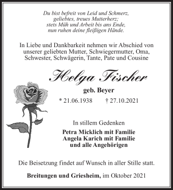 Traueranzeige von Helga Fischer von Südthüringer Presse
