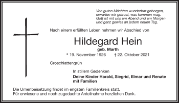 Traueranzeige von Hildegard Hein von Frankenpost