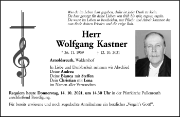 Traueranzeige von Wolfgang Kastner von Frankenpost