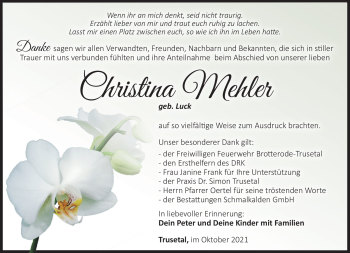 Traueranzeige von Christina Mehler von Südthüringer Presse