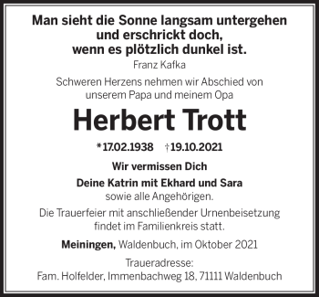 Traueranzeige von Herbert Trott von Südthüringer Presse