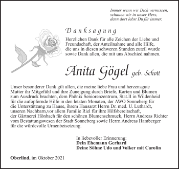 Traueranzeige von Anita Gögel von Südthüringer Presse