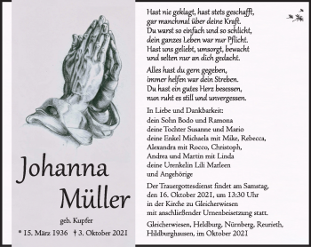 Traueranzeige von Johanna Müller von Südthüringer Presse
