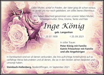 Traueranzeige von Inge König von Südthüringer Presse