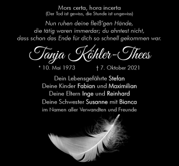 Traueranzeige von Tanja Köhler-Thees von Südthüringer Presse