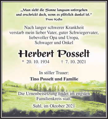 Traueranzeige von Herbert Posselt von Südthüringer Presse