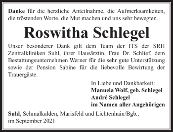 Traueranzeige von Roswitha Schlegel von Südthüringer Presse