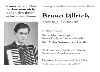 Traueranzeige von Bruno Ullrich von Südthüringer Presse