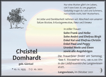 Traueranzeige von Christel Domhardt von Südthüringer Presse