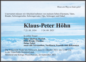 Traueranzeige von Klaus-Peter Höhn von Südthüringer Presse