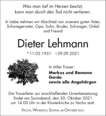 Traueranzeige von Dieter Lehmann von Südthüringer Presse