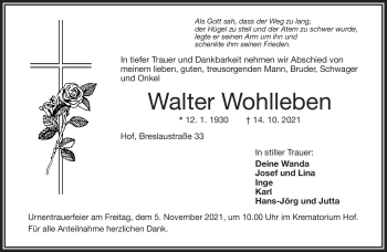 Traueranzeige von Walter Wohlleben von Frankenpost