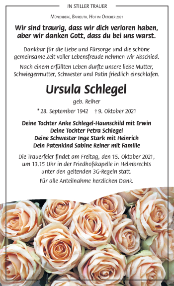 Traueranzeige von Ursula Schlegel von Frankenpost